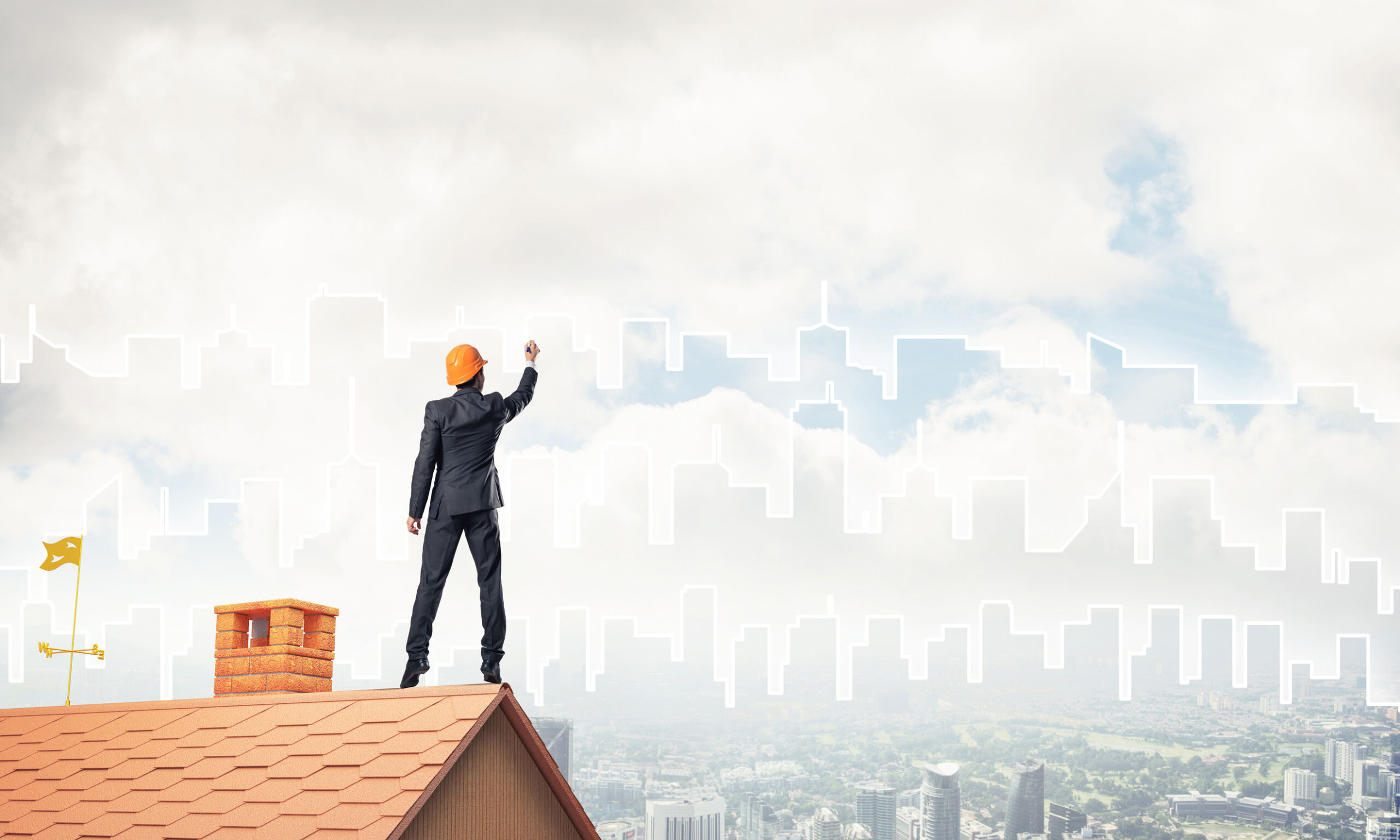 Man architect draw silhouette of modern city on blue sky. Mixed Hyperlocal SEO