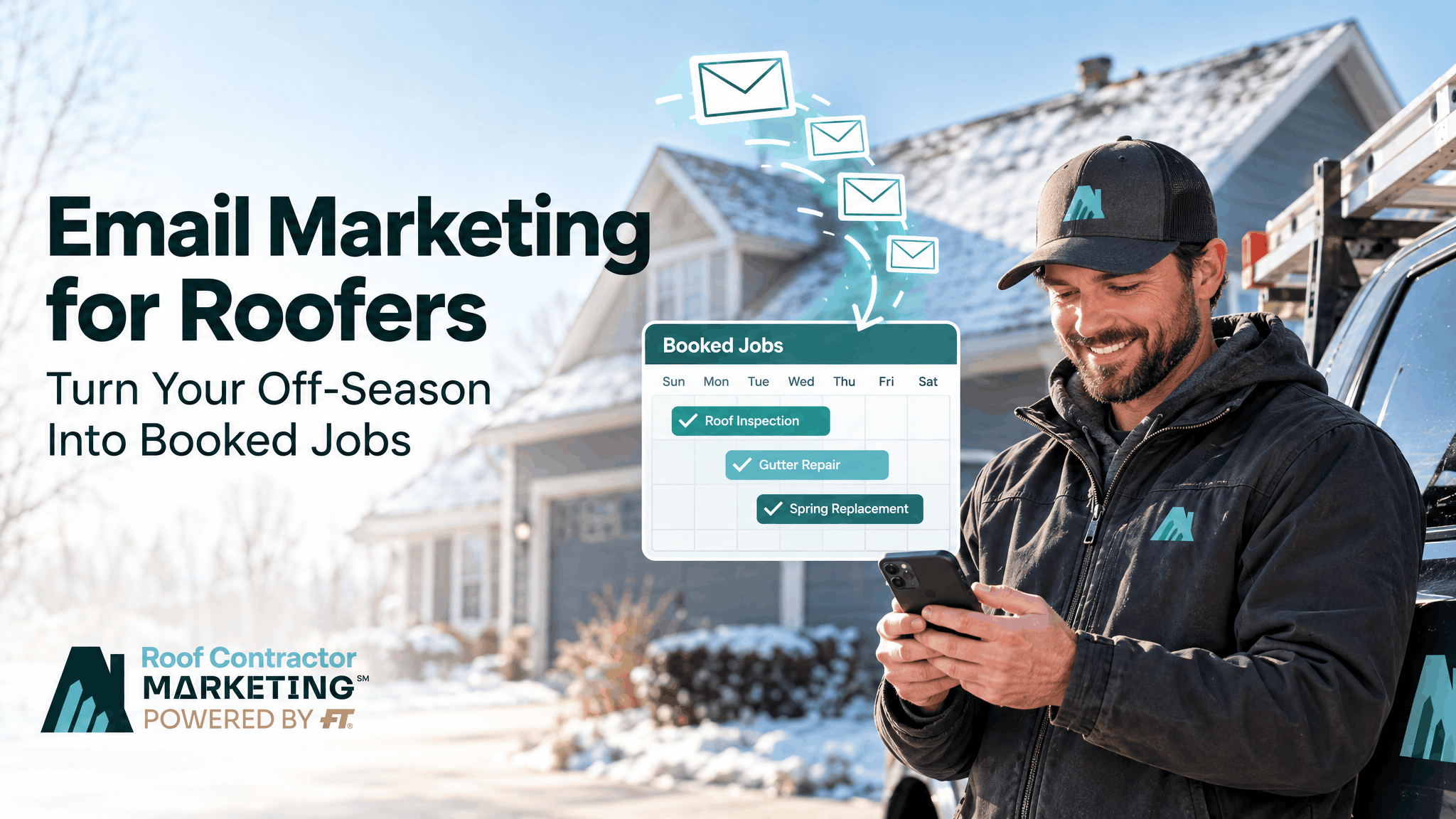 Email Marketing for Roofers: Turn Your Off-Season Into Booked Jobs Roofer smiling at his phone outside a snowy home, with email icons and a calendar of booked roofing jobs