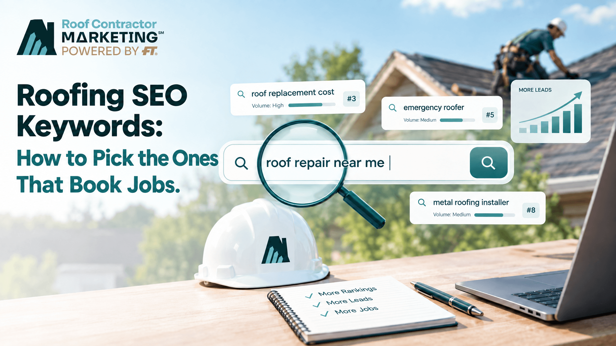 Roofing SEO keywords graphic with search bar for “roof repair near me,” keyword ranking cards, and a roofer working on a roof